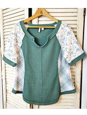 Cato Patchwork Waffle Knit Top Green And Floral Large